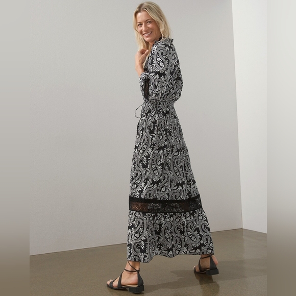 Chico's Paisley Black White Crochet Detail Ruffle Maxi Dress Women's Size 14 - Picture 4 of 14